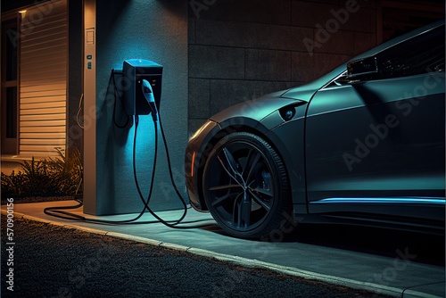 An electric car plugged into a charger. Ai generative