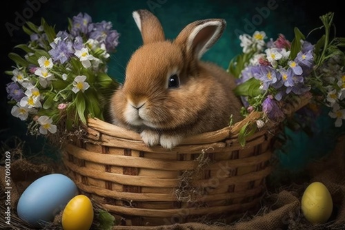 Hop Along with the Bunny in the Basket of Easter Eggs Generative AI  © Lucija