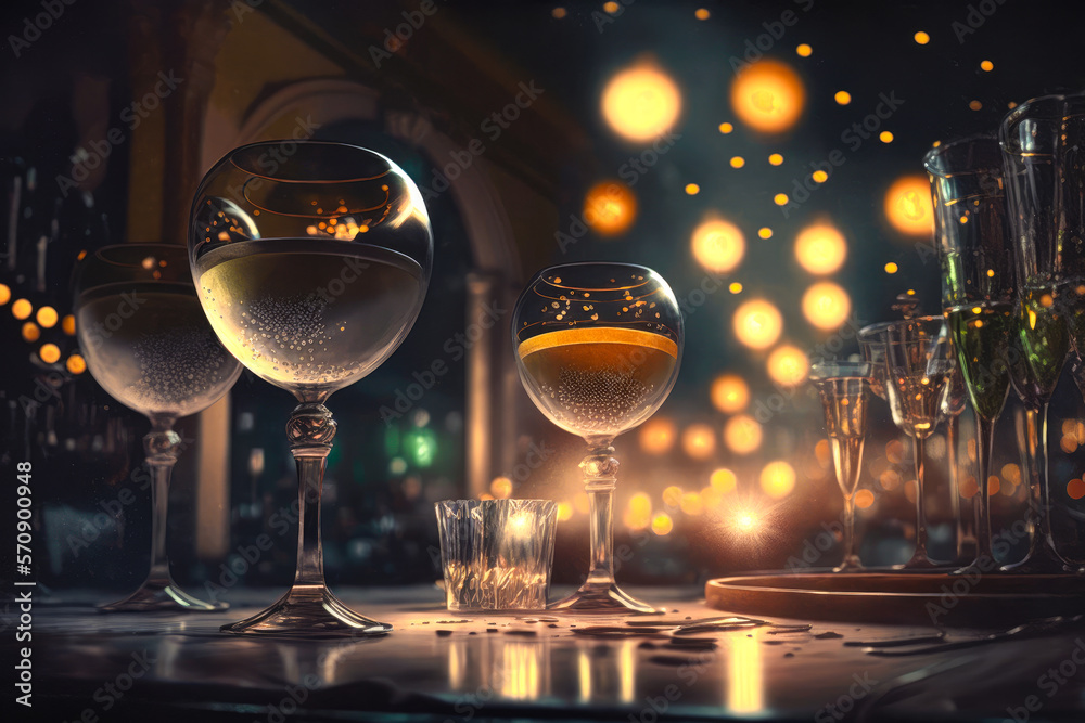 An evening in a cocktail bar, with sparkling glasses and dimmed lights, illustration - Generative AI