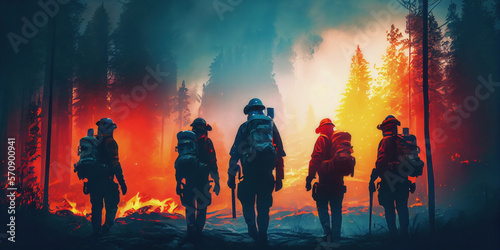 Squad of Volunteer Firefighters with Safety Equipment and Uniform Encircle a Raging Forest Fire. Generative AI. 2