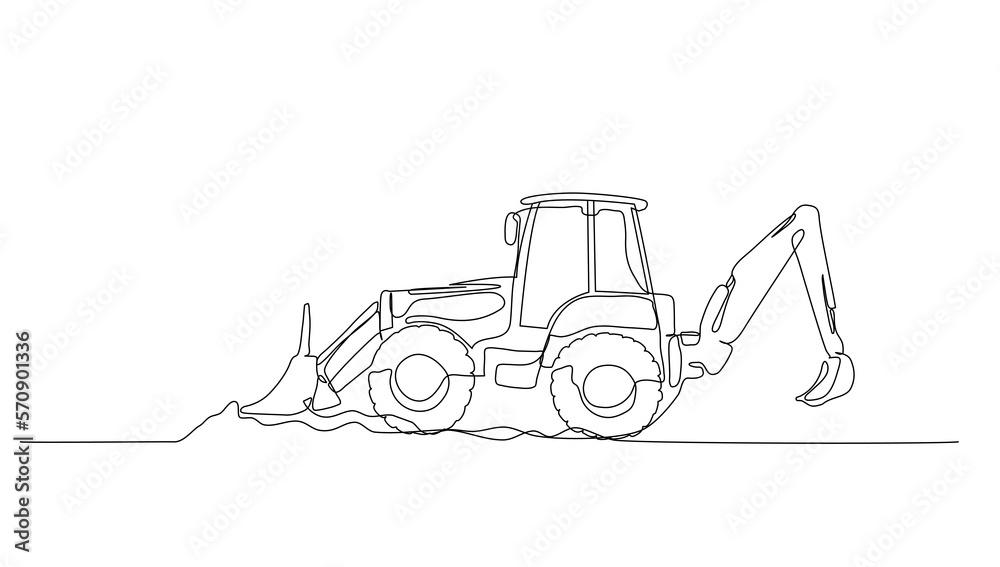 Naklejka premium Continuous line art or One Line drawing of backhoe for vector illustration, business transportation. heavy equipment vehicle construction concept. graphic design modern continuous line drawing