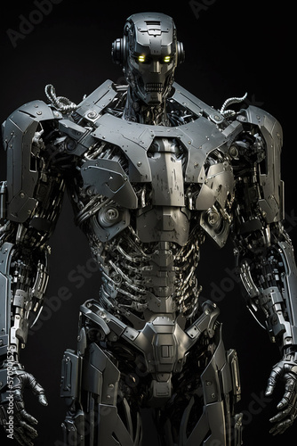 Silver humanoid robot advanced soldier concept. Generative AI illustration