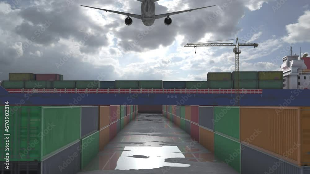 Rows of containers with Crago ship and airplane above , Freight ...