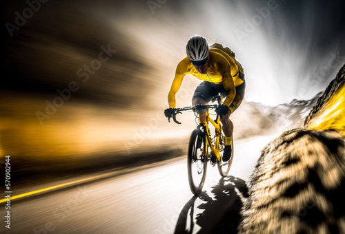 Cyclist Riding at high speed Downhill, Extreme Sport Illustration, Generative AI