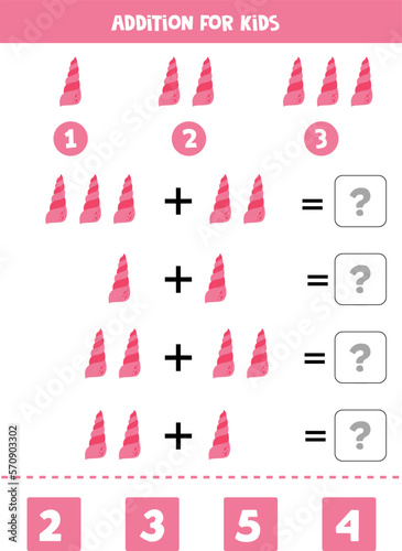 Addition for kids with cute cartoon pink seashell.
