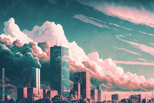 Ciudad aesthetic sobre las nubes, estilo anime 90s, creada con IA generativa photo