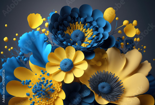 Flores azules y amarillas de papel, fondo de pantalla, creada con IA generativa