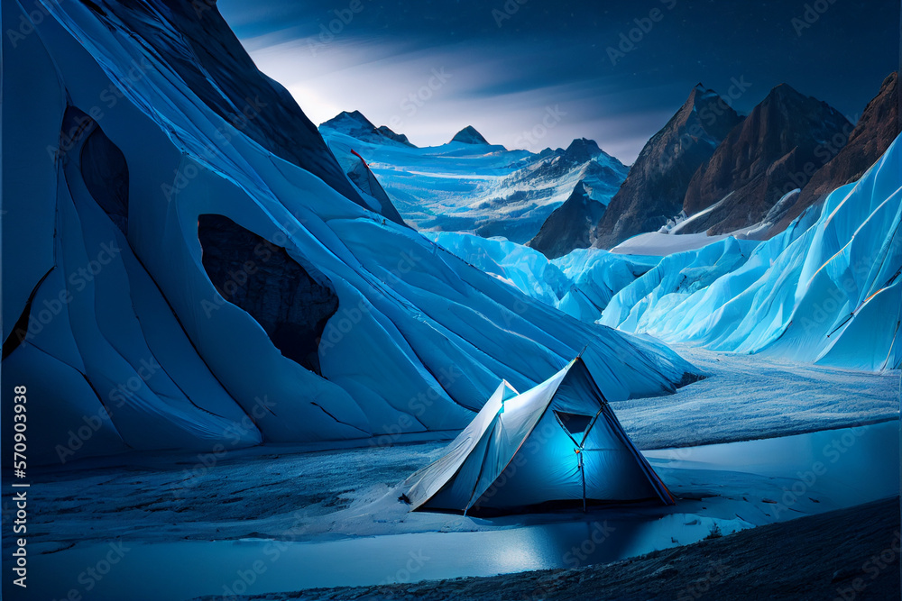Illuminated blue tent wild camping in the mountains under night sky.