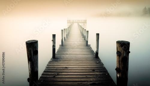 An old wooden pier leading into a misty lake - Generative AI