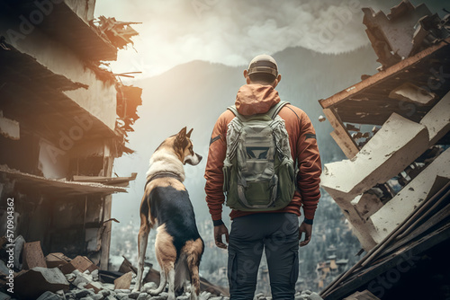 Consequences of nature disaster earthquakes in city. Man with pet dog background Rubble destruction of houses from air strikes of bombs. Generation AI