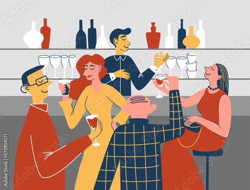 People in the bar. People having fun, sitting and drinking. Men and women sitting by counter waiting for order made by bartender. Nightlife entertainment. Flat cartoon characters vector