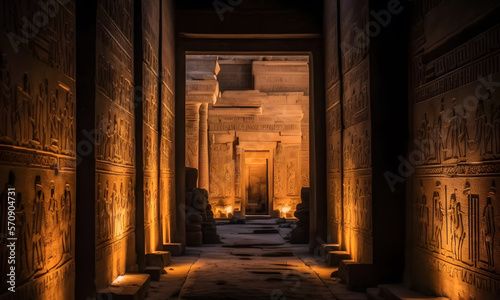 Mystic Egyptian hieroglyphs in Egypt Edfu temple, Aswan. Generation AI photo
