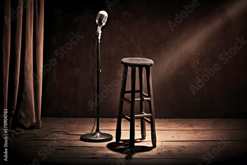 Poster background for stand up comedy stage microphone with reflectors ray. Concept open mic for monologue. Generation AI