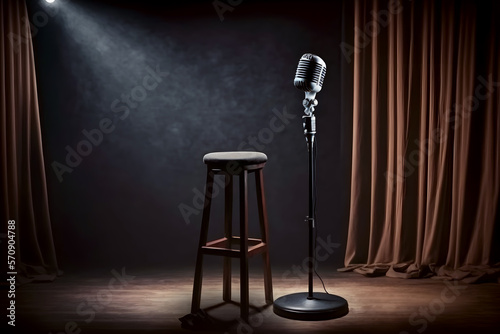 Poster background for stand up comedy stage microphone with reflectors ray. Concept open mic for monologue. Generation AI photo