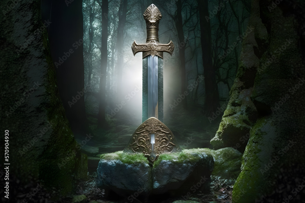 Sword King Arthur Excalibur in stone in magic forest with sunlight ...