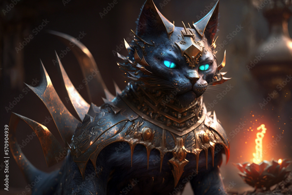 Demonic cat using tetrachromacy armor with torch on background ...