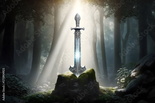 Sword King Arthur Excalibur in stone in magic forest with sunlight. Generation AI