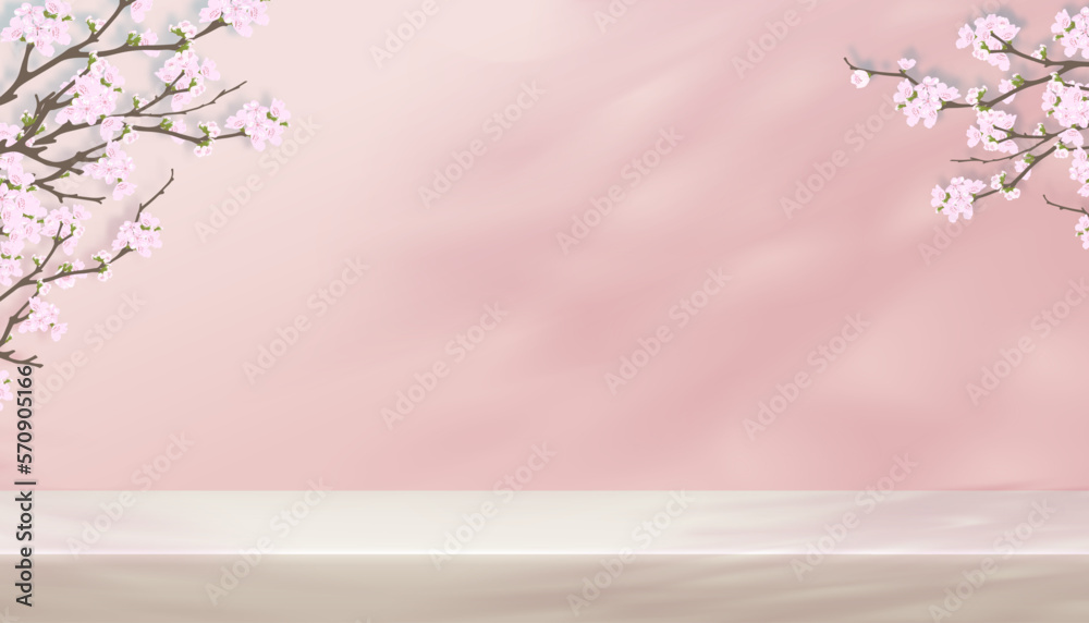 Product background with 3D Podium,Cherry Blossom or Spring flower on Pink wall,Horizon Room Studio scene with Sakura branches light and shadow ,Vector Backdrop banner for Spring,Summer presentation