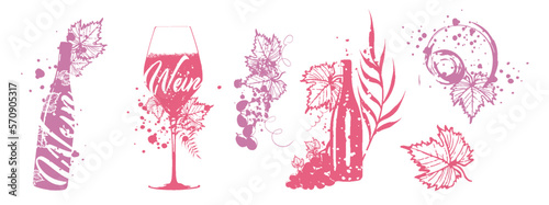 Wein Designs - Collection of wine glasses and bottles. Sketch vector illustration. Hand drawn elements for invitation cards, advertising banner and menu cards. Wine glasses with splashing wine.