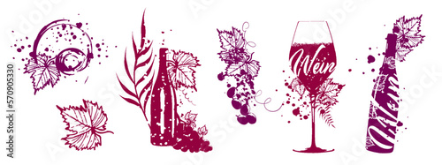 Wein Designs - Collection of wine glasses and bottles. Sketch vector illustration. Hand drawn elements for invitation cards, advertising banner and menu cards. Wine glasses with splashing wine.