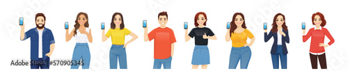 Group of people holding phones and showing blank screens isolated vector illustration 