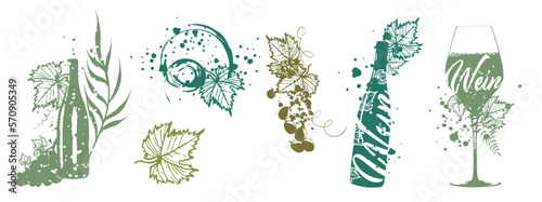 Wein Designs - Collection of wine glasses and bottles. Sketch vector illustration. Hand drawn elements for invitation cards, advertising banner and menu cards. Wine glasses with splashing wine.