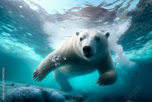 Large polar bear submerged and diving to hunt under water in the ocean. Generative AI © Farnaces