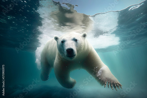 Large polar bear submerged and diving to hunt under water in the ocean. Generative AI