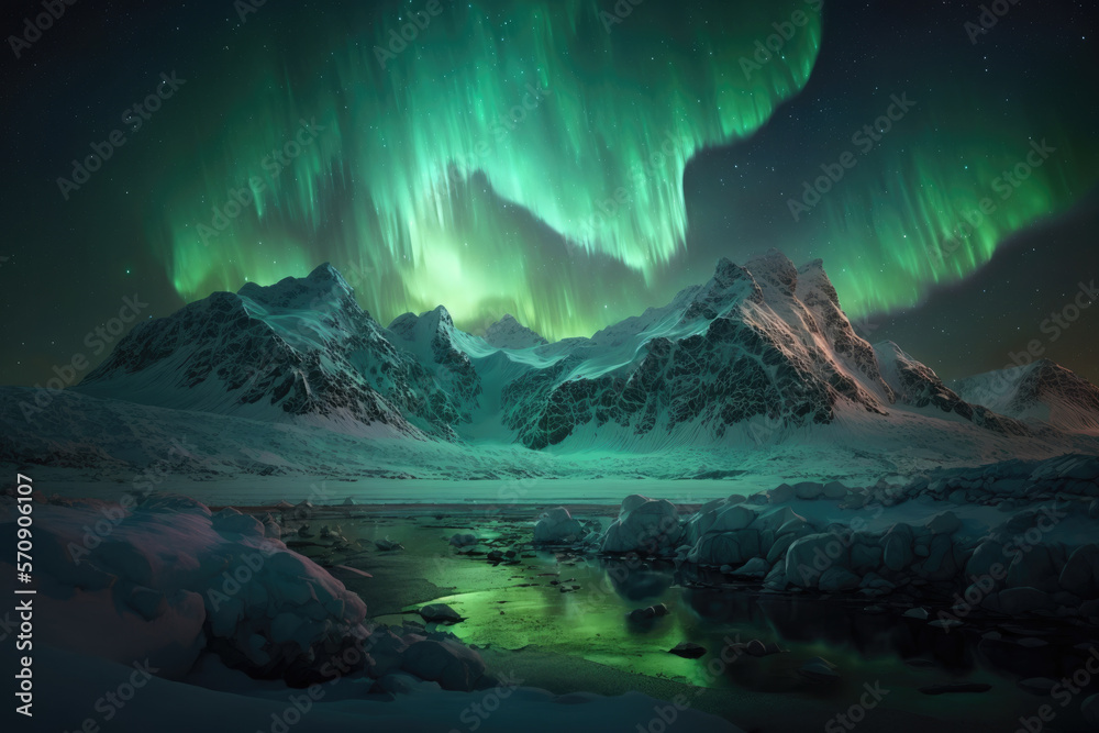 Aurora borealis northern landscape. Generative AI