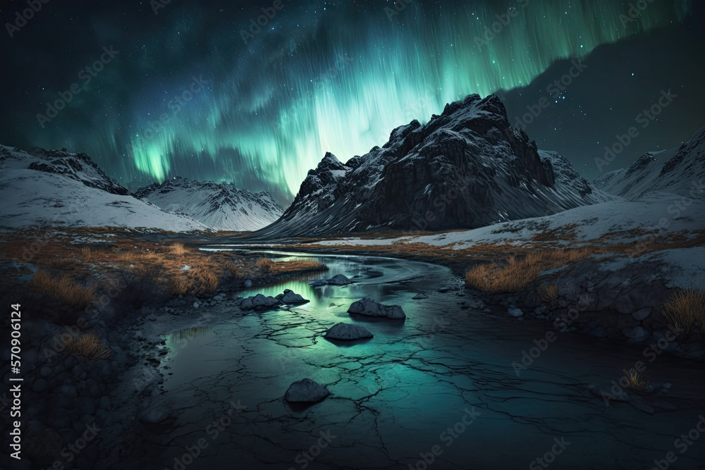 Naklejka premium Aurora borealis northern landscape. Generative AI
