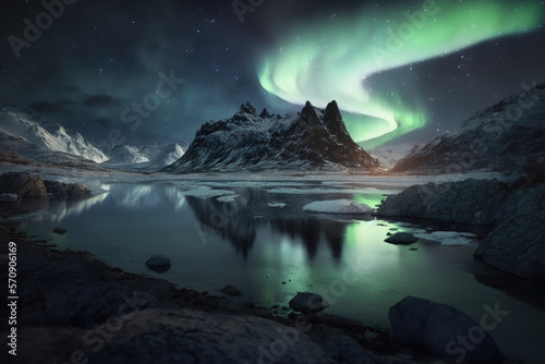 Aurora borealis northern landscape. Generative AI