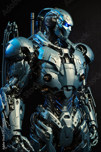 Blue humanoid robot advanced soldier concept. Generative AI illustration © Ruqqq