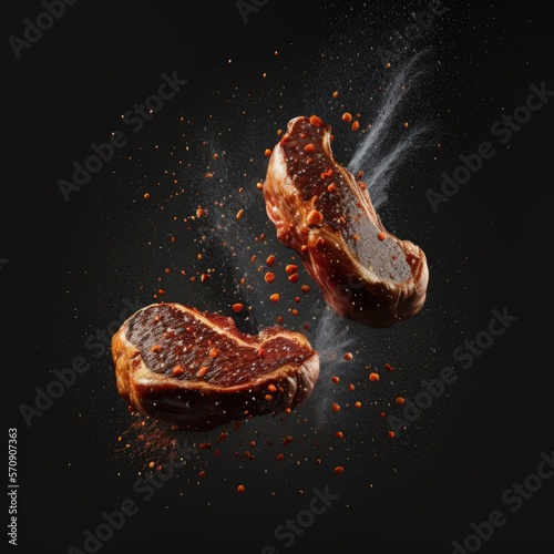 Grilled pork or beef steaks with chilli and salt are falling down on black background Generative AI