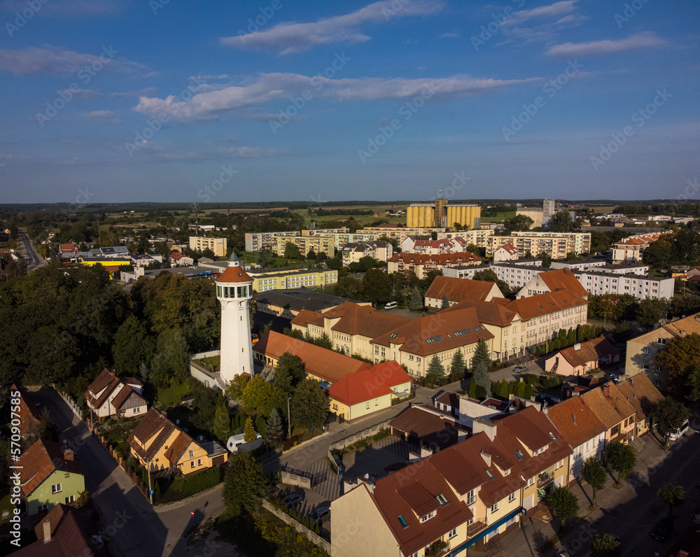 Olsztynek, aerial view of the landmarks like Town Hall, Castle and the Tower