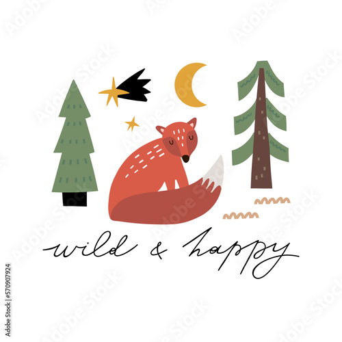 Fox print or card. Hand drawn cartoon scandinavian forest animal, wild and happy lettering text, cute scandi poster, kids t-shirt and nursery design. Woodland doodle style vector isolated illustration