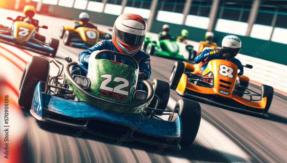 A karting course with cars, turns and finish lines - Generative AI - obrazy, fototapety, plakaty 