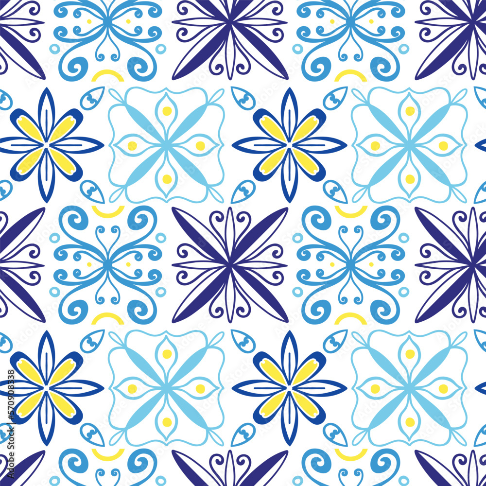 Portugal blue tile pattern. Seamless ornament. Hand drawn curve, floral mosaic. Arabic or azulejo ceramic. Print for textile, wrapping paper, wallpaper design. Oriental decor vector illustration