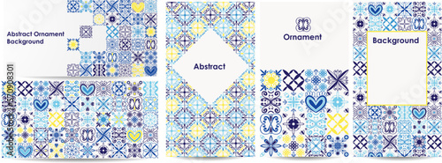 Blue tile background. Hand drawn curve and floral mosaic. Mediterranean or arabic ceramic. Poster or banner. Card or menu cover. Notebook print, copy space for text, oriental decor vector illustration