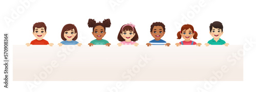 Smiling cute kids boys and girls holding empty blank board isolated vector illustration. Multiethnic happy children with placard.