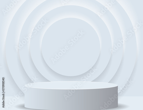 3D podium for product display And the background scene, minimalist style, white and gray tones, circular display stand, studio for product presentation.
