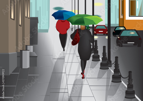 vector illustration of a city scene with a street, houses, cars on the road and people walking with umbrellas under the rain.
