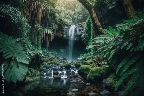Waterfall in the green forest with lush greenery