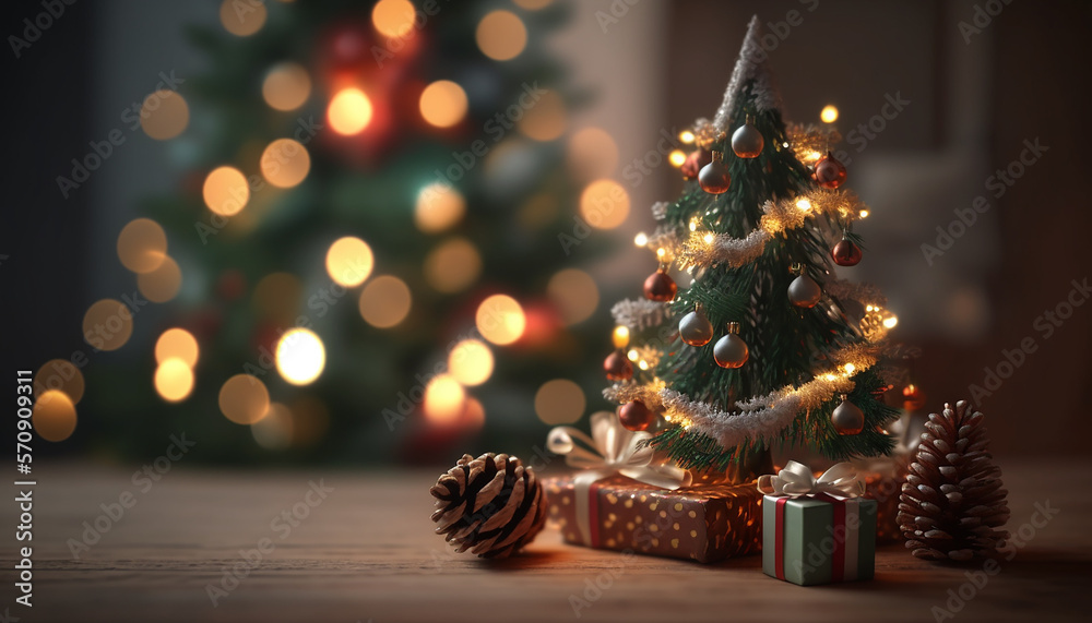 Small Christmas tree on wooden table with gifts and decoration, Christmas light blurred background. Generative ai