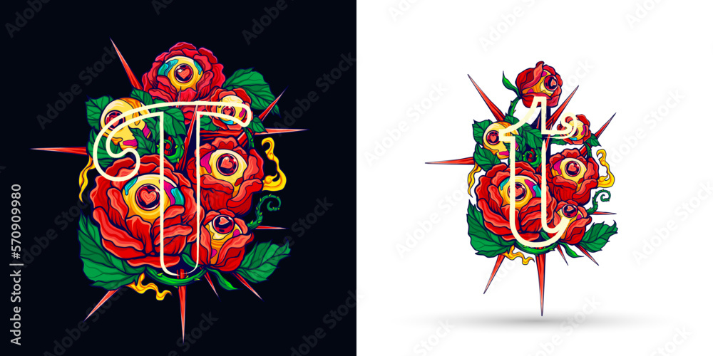 Alphabet Red Thorny Rose and Eye Abstract Letter T Hand Drawn Alphabet Red Thorny Rose and Eye Abstract Letter T Hand Drawn