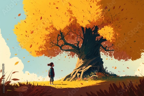 Art picture of boy have a walk outdoors on the park with tree at autumn. dynamic windy scene, ai generated