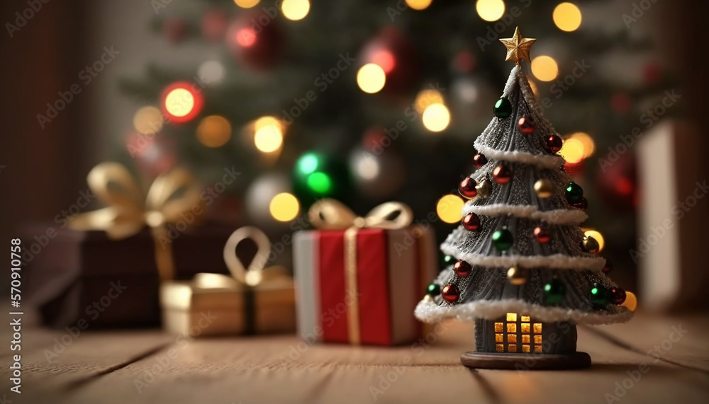 Small Christmas tree on wooden table with gifts and decoration, Christmas light blurred background. Generative ai