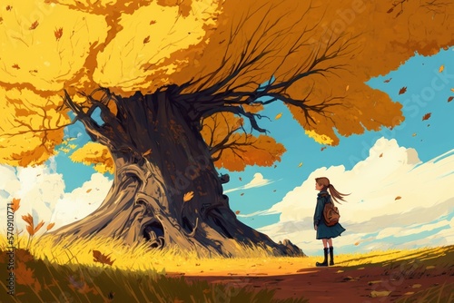 Art picture of girl have a walk outdoors on the field with tree at autumn, dynamic windy scene, ai generated