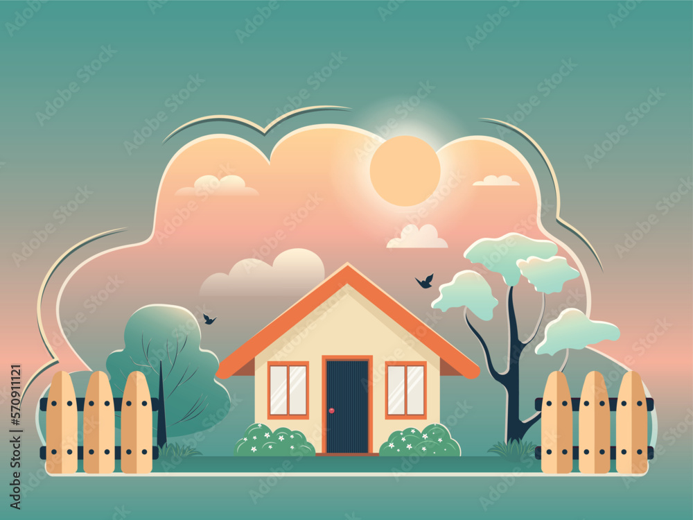 A country house with a garden on the street in summer. Concept for real estate, architecture, advertising, web backgrounds and more in hand-drawn style Vector illustration