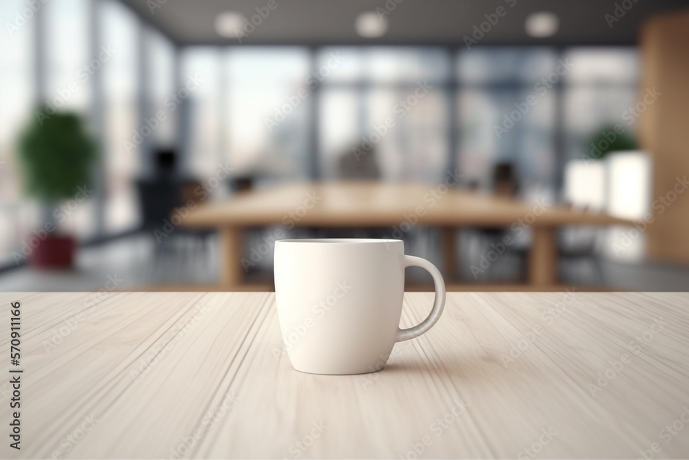 Coffee cup on the empty office table with a blurred office background Coffee cup on the empty office table with a blurred office background