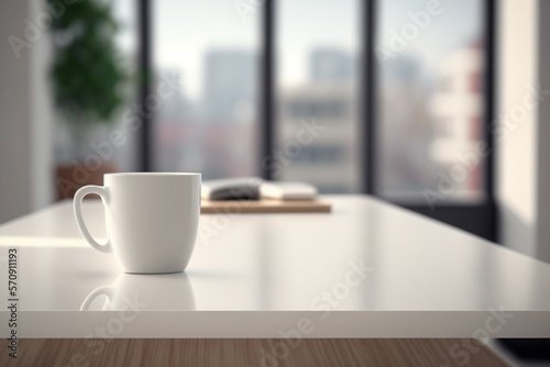 Coffee cup on the empty office table with a blurred office background